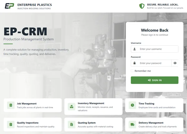 EP-CRM production management system login screen